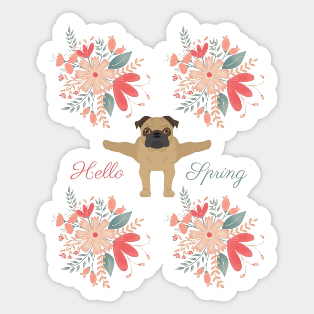 Hello Spring with Pug and Flowers Sticker by Seasonal Dogs